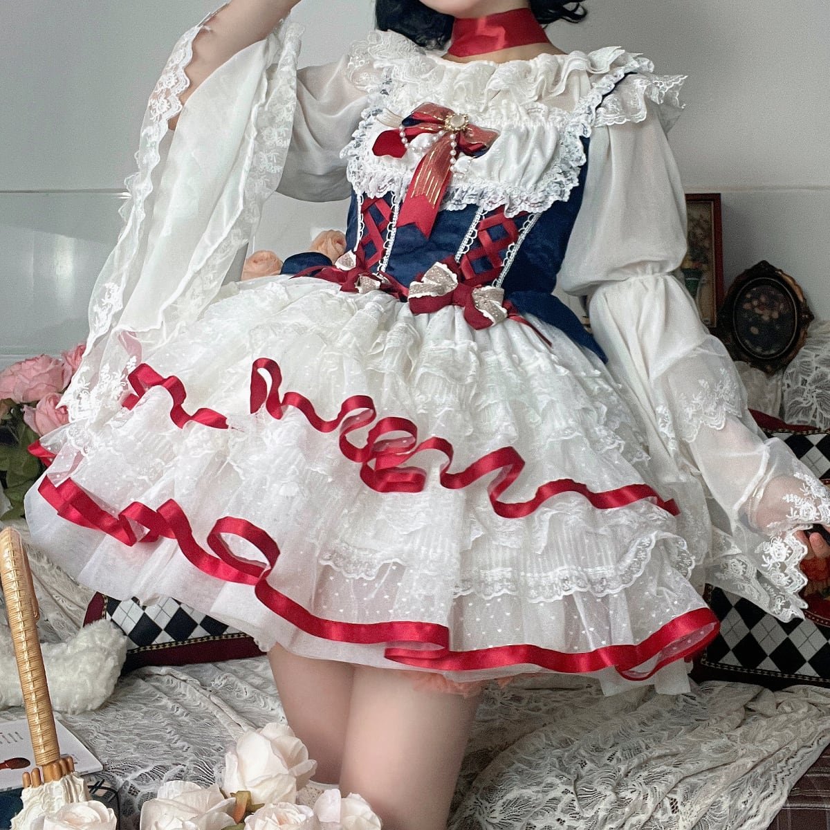 白雪姫カラー編み上げデザインジャンパースカートセット：ブラウス