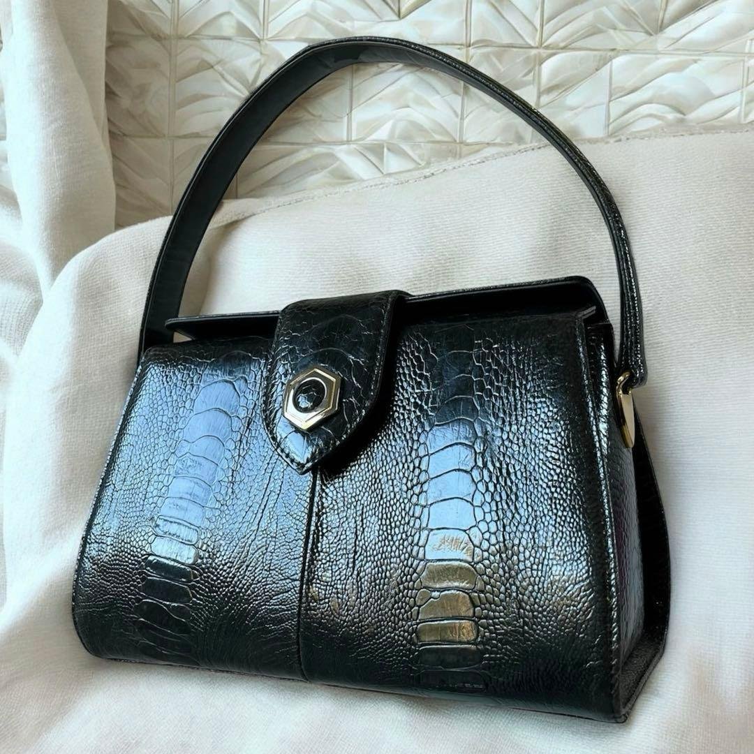 希少カラー オーストリッチ オーストレッグ シャイニング加工 ハンドバッグ 深緑 希少カラー オーストリッチ オーストレッグ シャイニング加工